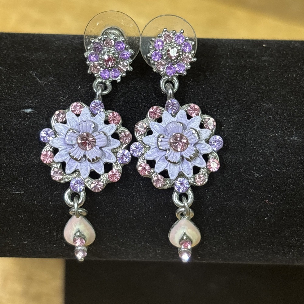 Vintage Pink Purple Rhinestone Enamel Flower Dangle Stud Earrings Silver Tone